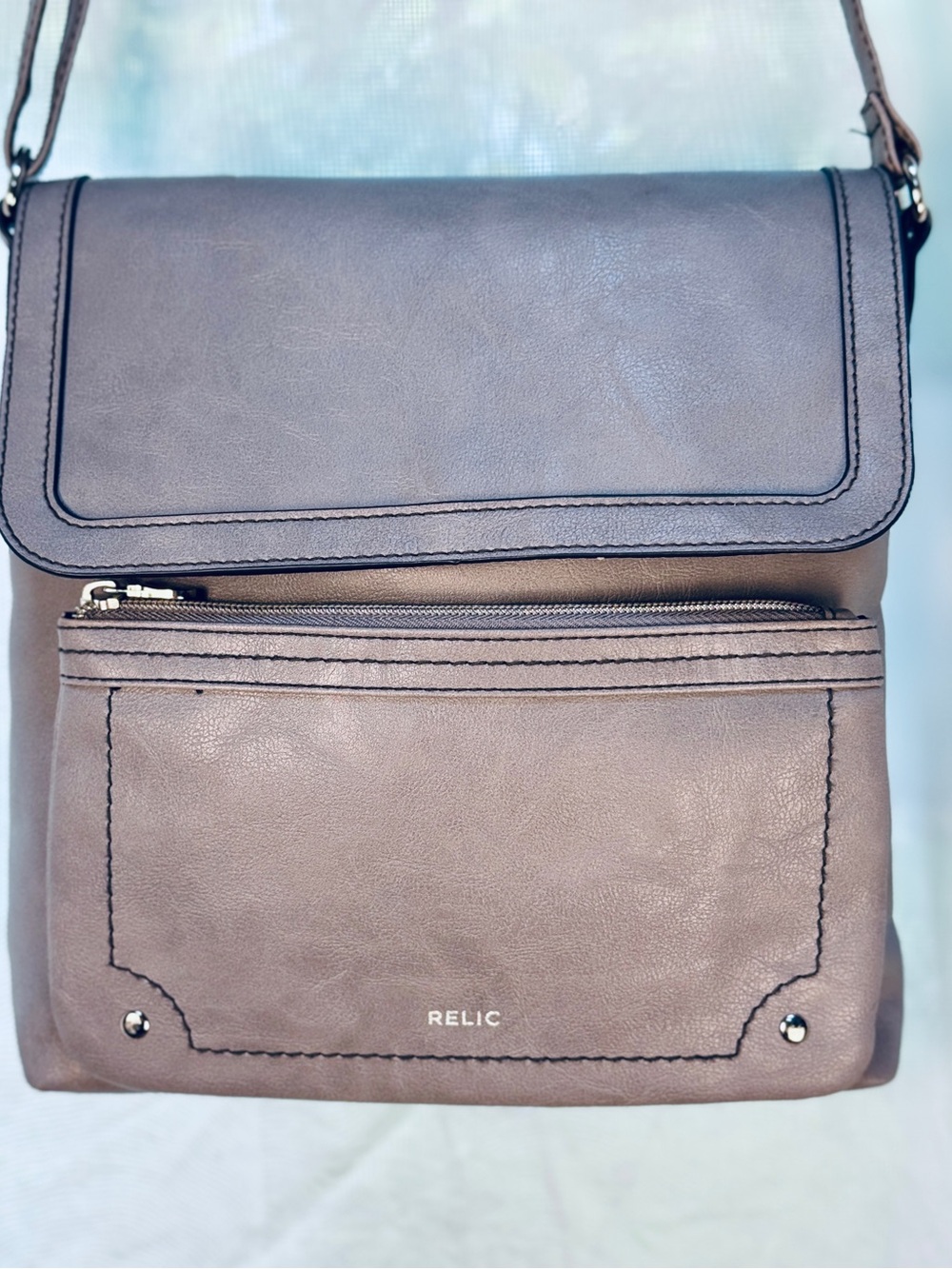 Relic Crossbody Messenger Bag-Gray Faux Leather-Flap Front + Built-in Wallet EUC